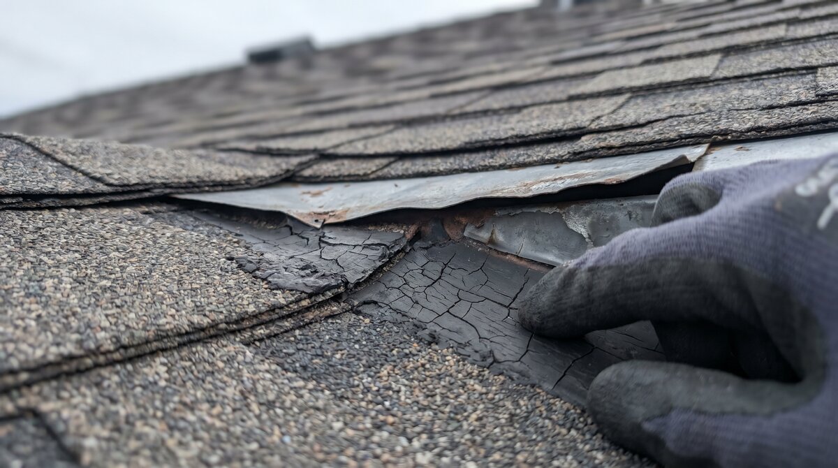 Close-up of cracked roof sealant and lifted flashing on a Calgary asphalt shingle roof from chinook freeze-thaw damage