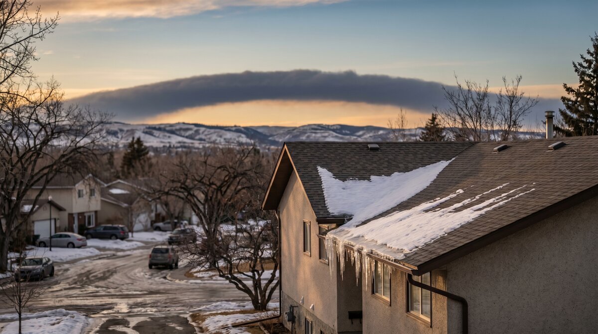 Calgary home under a chinook arch with snow melting off the asphalt shingle roof showing freeze-thaw thermal cycle stress
