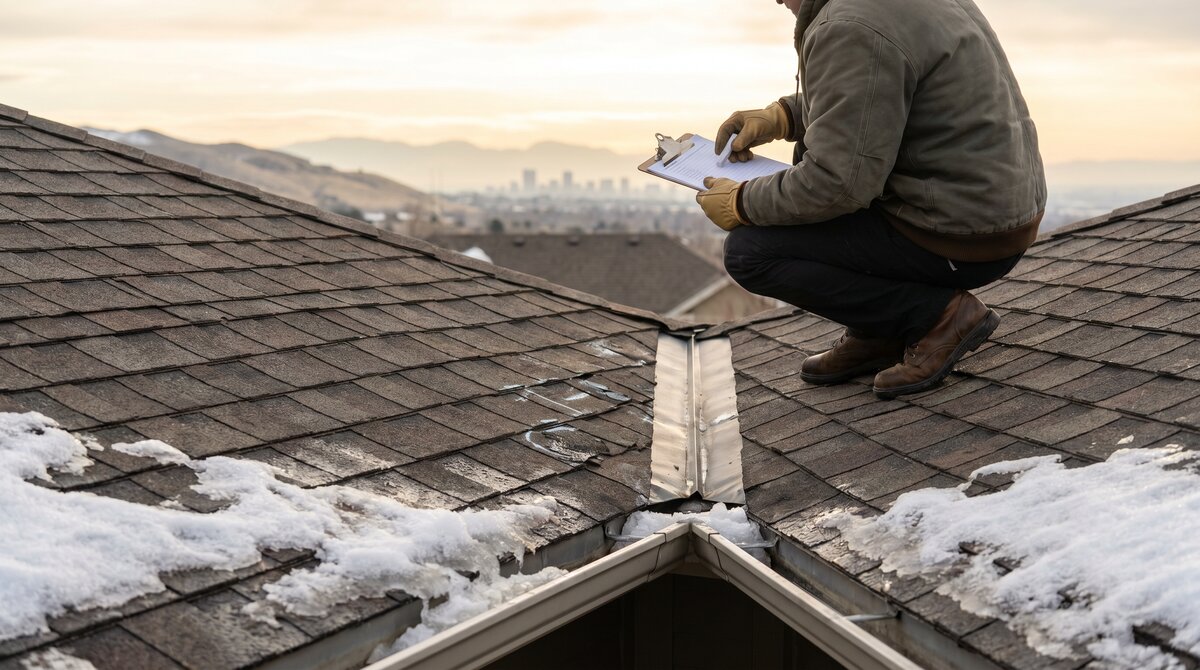 Calgary roofer performing a post-chinook spring roof inspection on an asphalt shingle roof with foothills in the distance