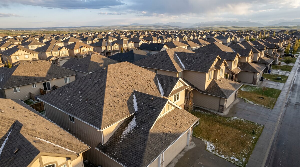 Calgary suburban home after a hailstorm with hailstones on the lawn and visible impact damage on an asphalt shingle roof