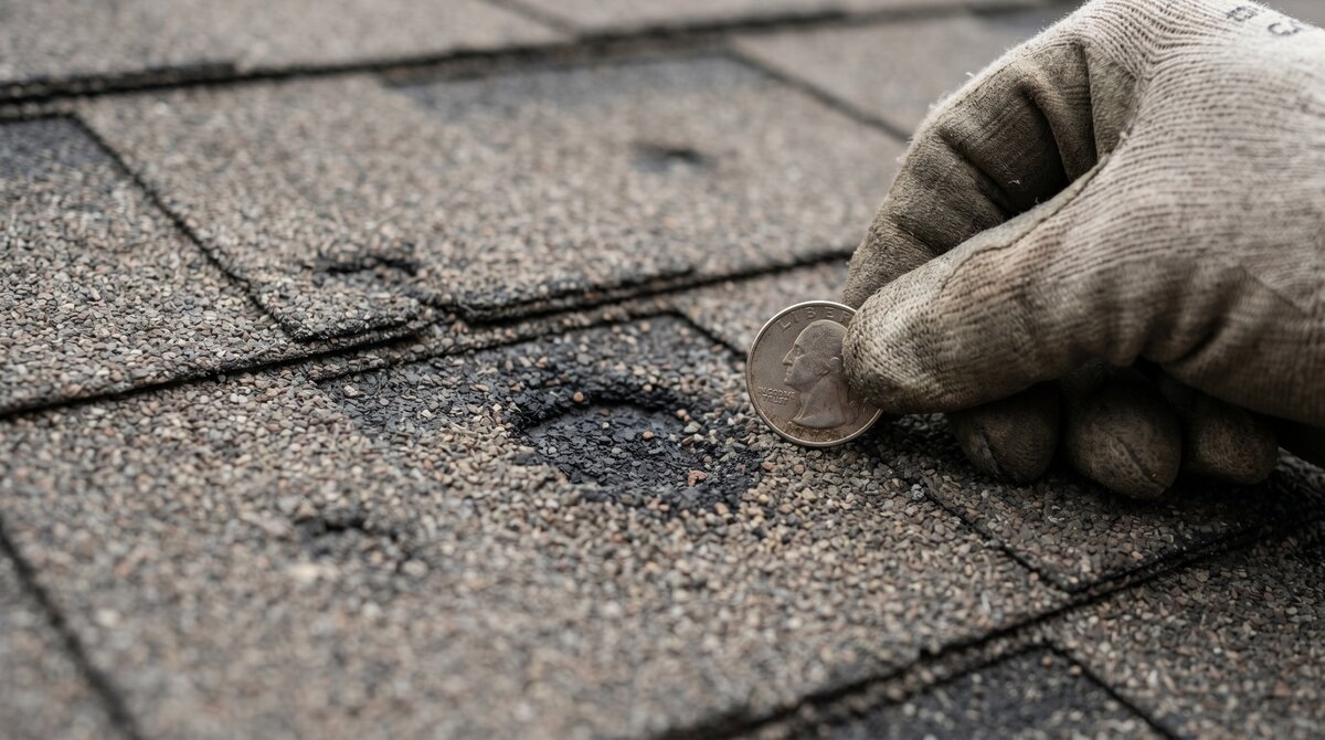 Professional Calgary roofer marking a chalk test square on an asphalt shingle roof to document hail damage for insurance