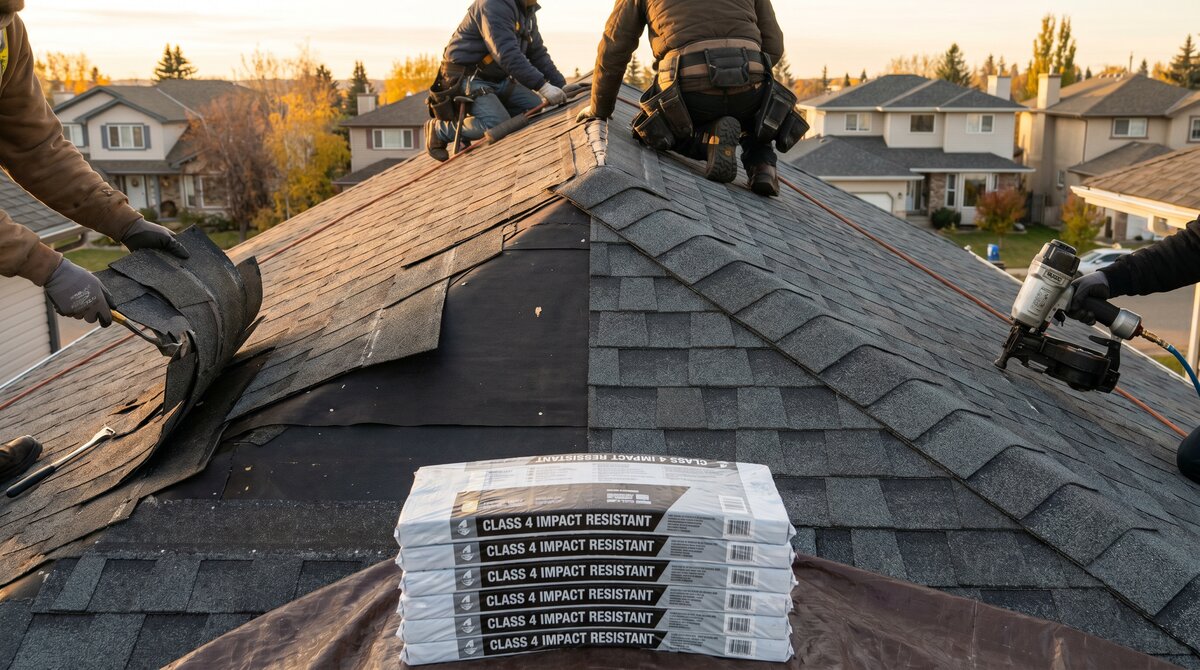 Class 4 impact-resistant architectural asphalt shingles being installed on a Calgary residential roof after hail damage