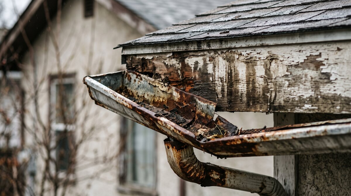 Rusted Eavestrough and Fascia Damage Rusted, cracked eavestrough sagging at a Calgary home corner with water-stained, rotting fascia behind it