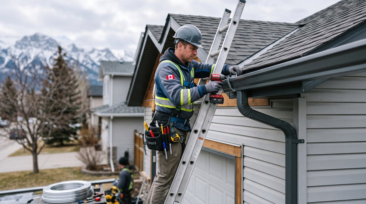 Professional installer on a ladder fitting a new seamless aluminum eavestrough along a Calgary roofline