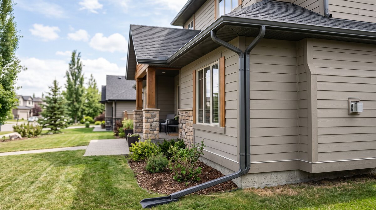 Clean new seamless eavestrough and downspout neatly installed on a well-kept Calgary home, draining water away