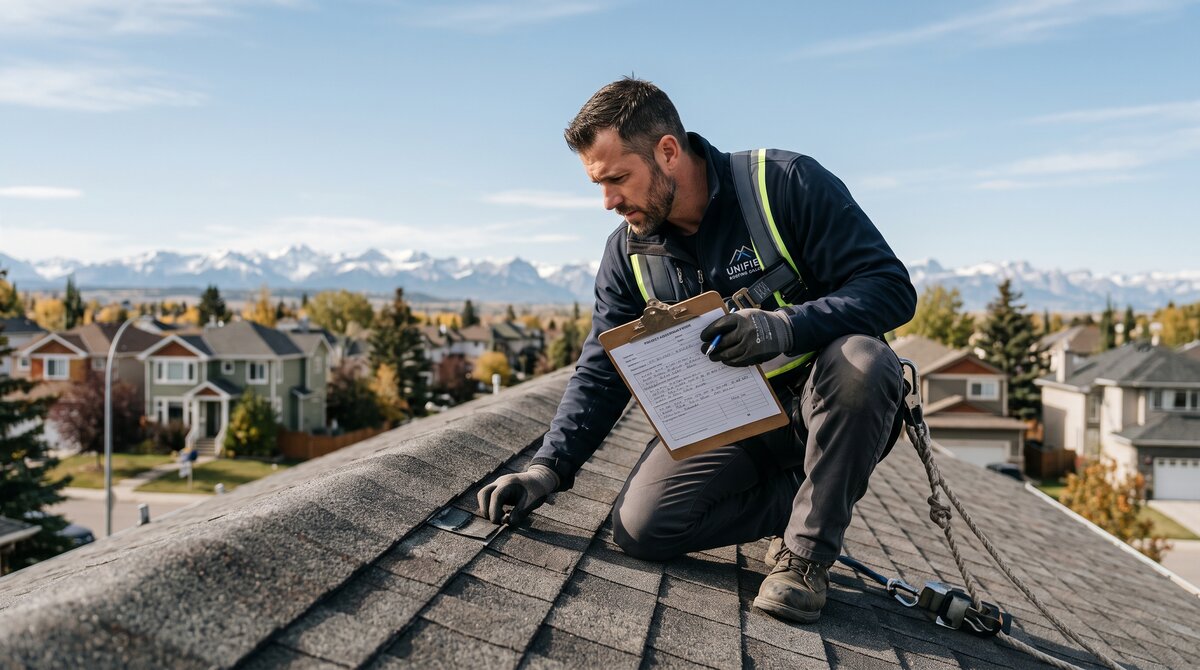 Roofing contractor inspecting shingles on a Calgary residential roof with a clipboard under a clear sky