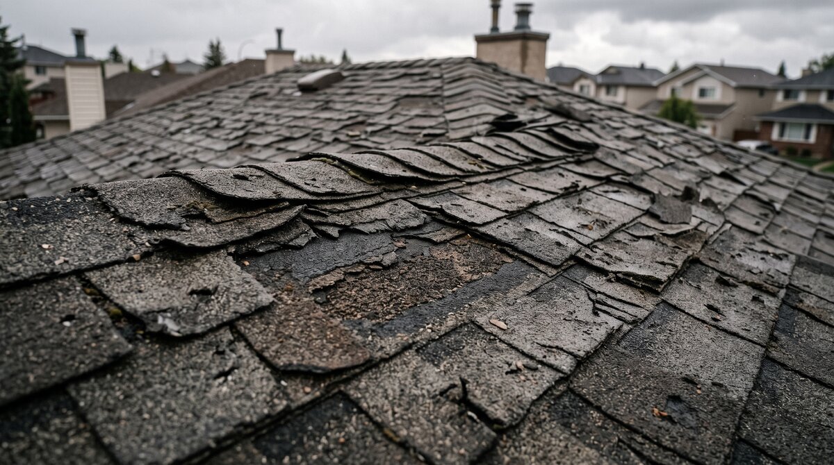 Weathered Calgary asphalt shingle roof with curling, cracked shingles and bald patches where granules have worn away