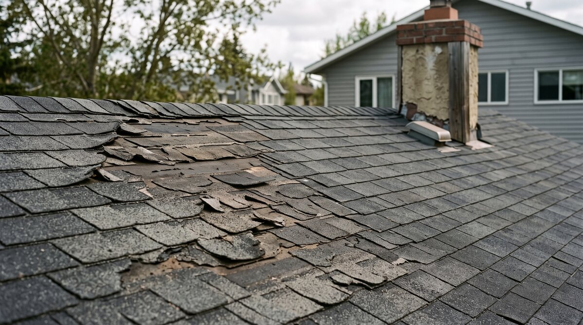 Calgary asphalt shingle roof with curling and missing shingles in one area while the rest is intact