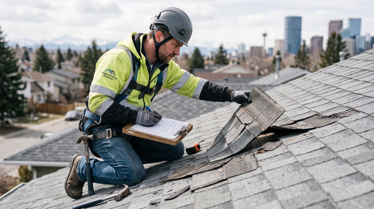 Roofing contractor on a Calgary roof inspecting and lifting a damaged shingle while making notes