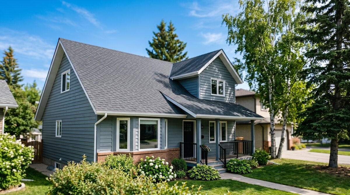 Freshly replaced asphalt shingle roof on a Calgary home under a clear blue sky with crisp new shingles