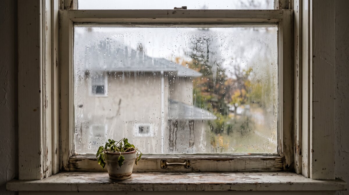 Failed Window With Fog Between Panes Older Calgary home window showing condensation and fog trapped between the glass panes, a clear sign of seal failure
