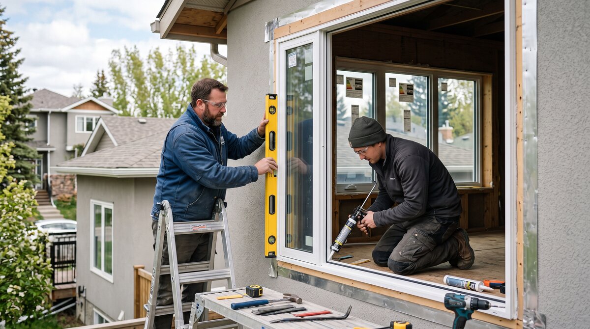 Two installers fitting a new energy-efficient window into a Calgary home exterior with careful sealing