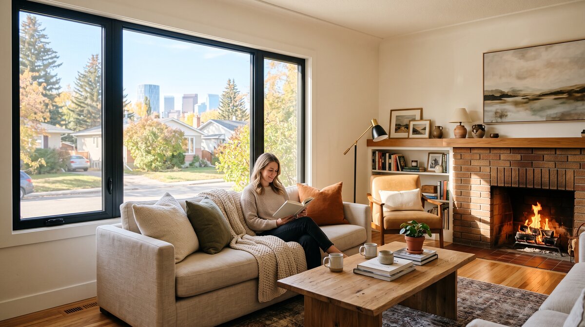 Bright, comfortable Calgary living room with large new energy-efficient windows letting in warm natural light