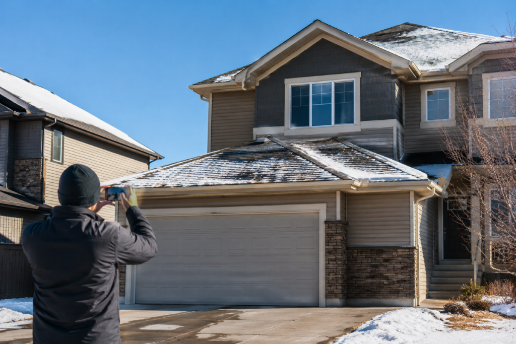 Calgary homeowner photographing hail damage to asphalt shingles on a roof after a summer hailstorm for an insurance claim