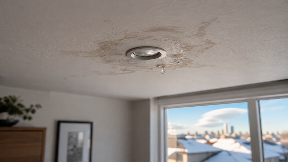 Attic Rain in Calgary — Ceiling Water Damage During a Chinook Water stain and droplet forming around a ceiling light in a Calgary home during a chinook thaw caused by attic rain