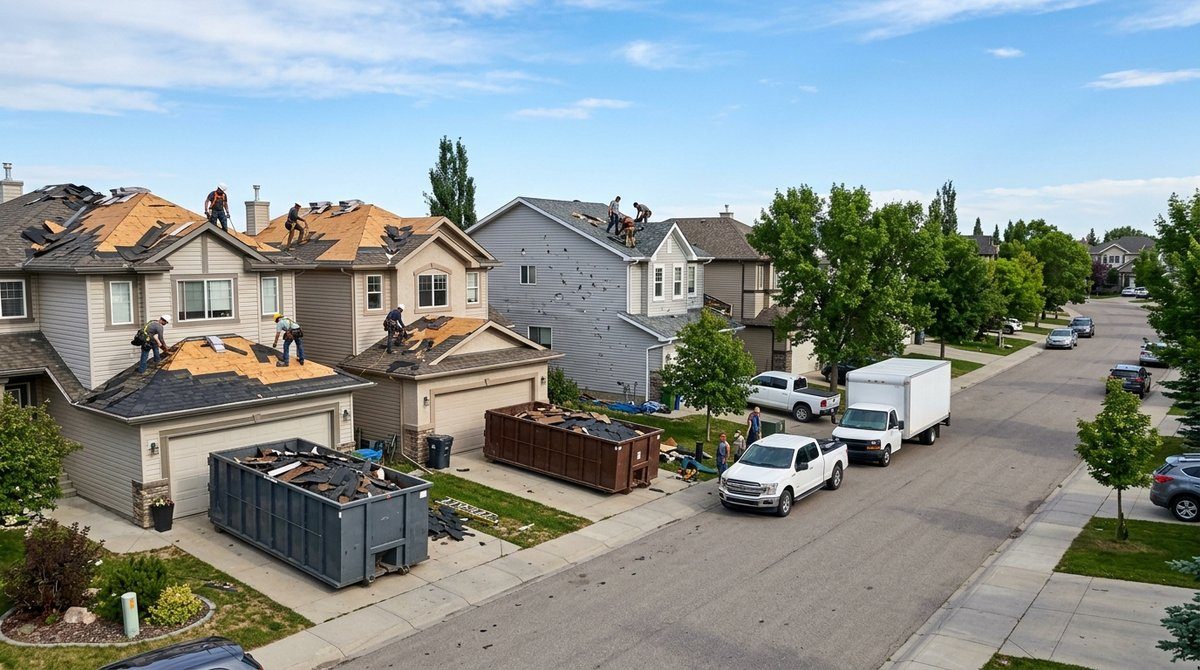Calgary Street With Roofs Replaced After a Hailstorm Suburban Calgary street after a hailstorm with several houses getting new roofs and disposal bins full of torn-off shingles