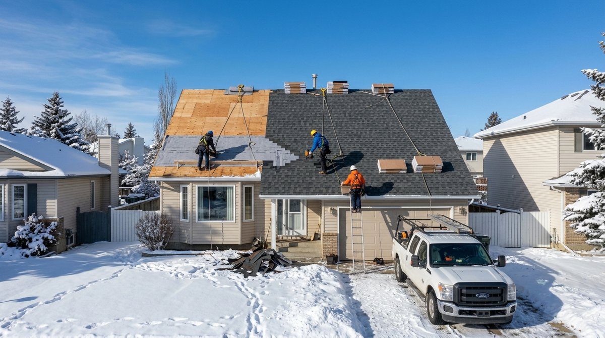 Roofing Crew Replacing a Roof in a Calgary Winter Roofing crew in fall-protection harnesses replacing asphalt shingles on a two-storey Calgary house with snow on the ground