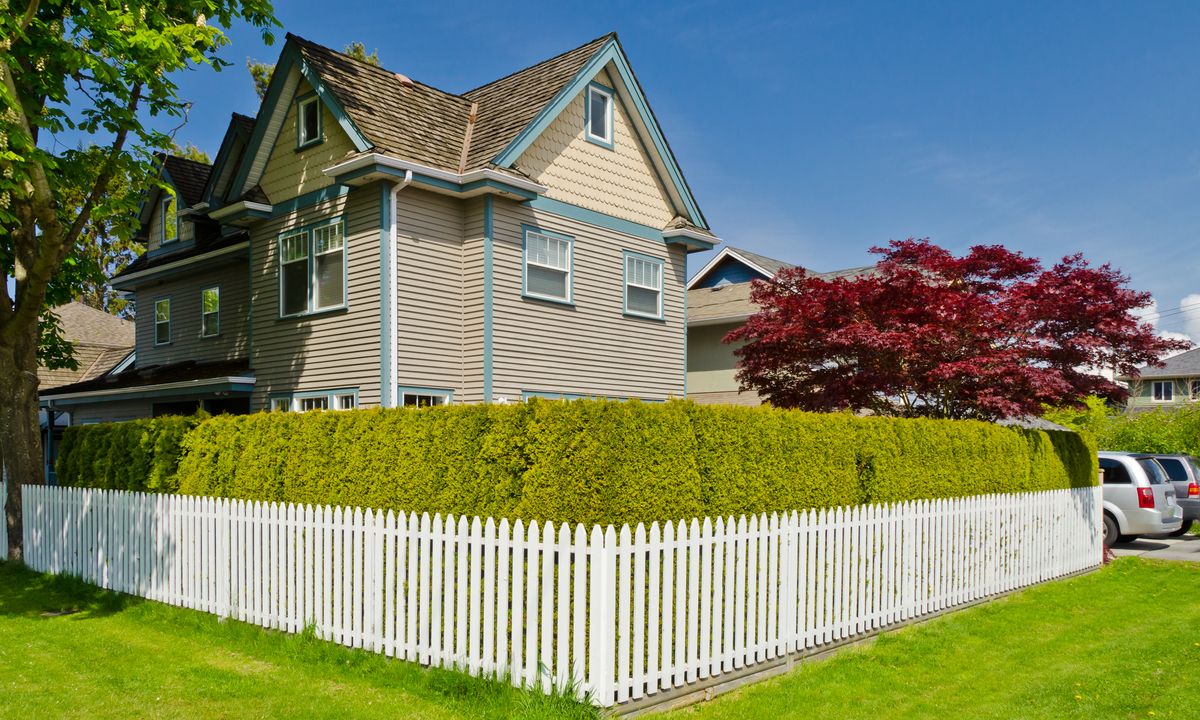 White wood picket fence wrapping a corner lot in front of a trimmed cedar hedge and two-storey house
