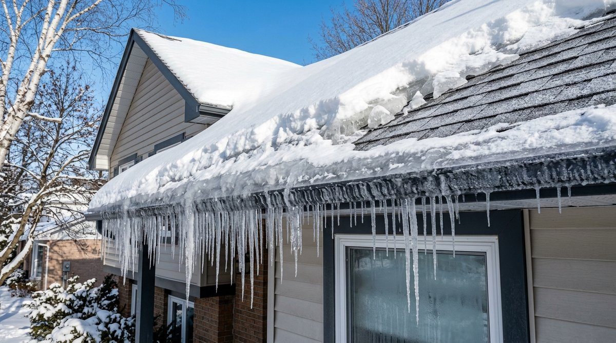 Thick ice dam and long icicles hanging from the eaves of a snow-covered house