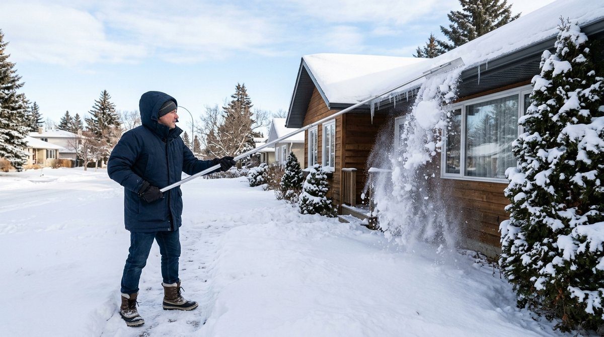 Homeowner using a roof rake to pull heavy snow off the eaves of a house
