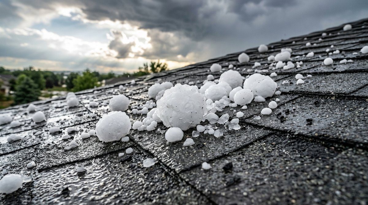Hailstones on an Asphalt Shingle Roof in Calgary Large hailstones, some golf ball sized, scattered across a wet dark grey asphalt shingle roof right after a Calgary hailstorm