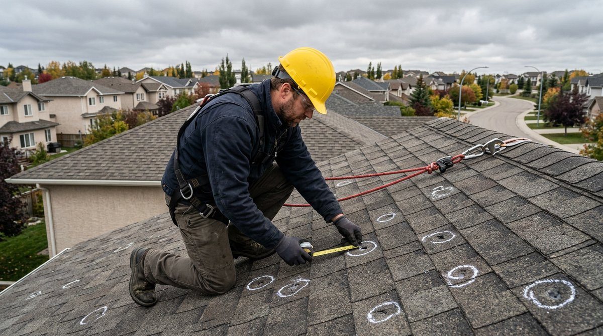 Inspecting Hail Impacts on an Asphalt Shingle Roof Roof inspector in a safety harness measuring hail impacts circled in chalk on an asphalt shingle roof in a Calgary suburb