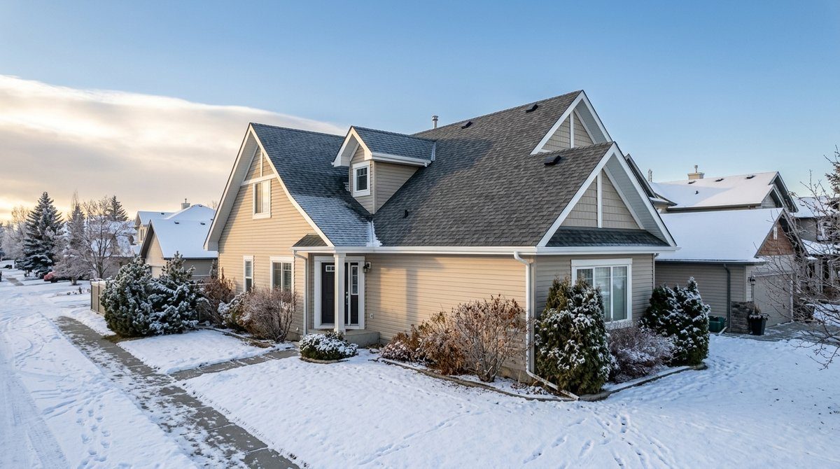 New Asphalt Shingle Roof on a Calgary Home in Winter New charcoal asphalt shingle roof on a suburban Calgary house in winter under a clear sky with a chinook arch cloud