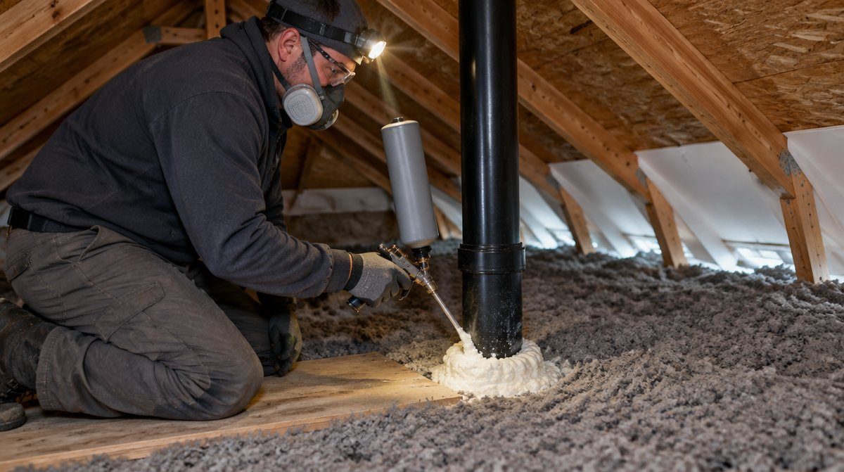 Air Sealing an Attic to Prevent Ice Dams Technician sealing around a plumbing vent pipe in an insulated attic, with baffles keeping the soffit vents clear