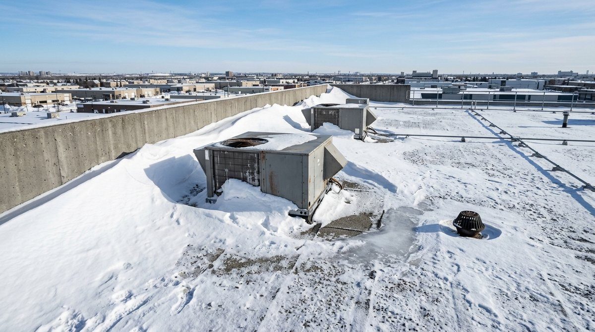 Snow Drift Against a Parapet on a Flat Roof Deep wind-blown snow drift piled against a parapet wall and rooftop units on a commercial flat roof in winter