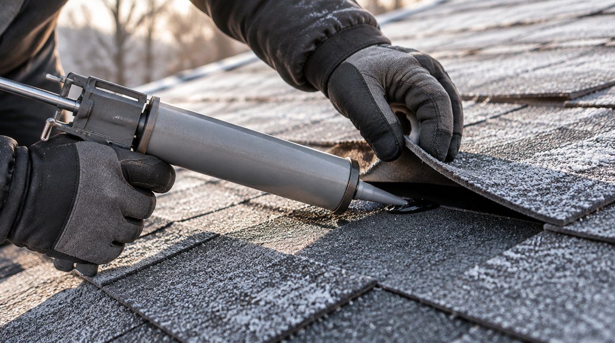 Hand-Sealing Asphalt Shingles in Cold Weather Gloved roofer applying asphalt roofing cement under a lifted shingle tab to hand-seal it on a frosty winter roof