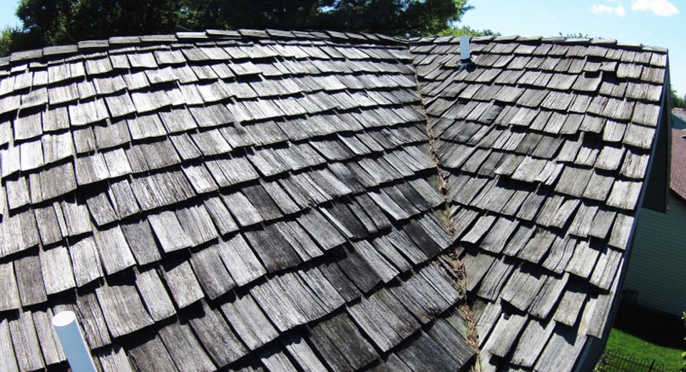 Weathered cedar shake roof on a Calgary home